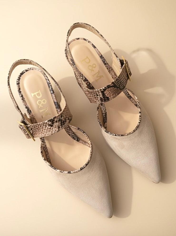 Slingback Venice Bicudo em Camurça e Pele Bege